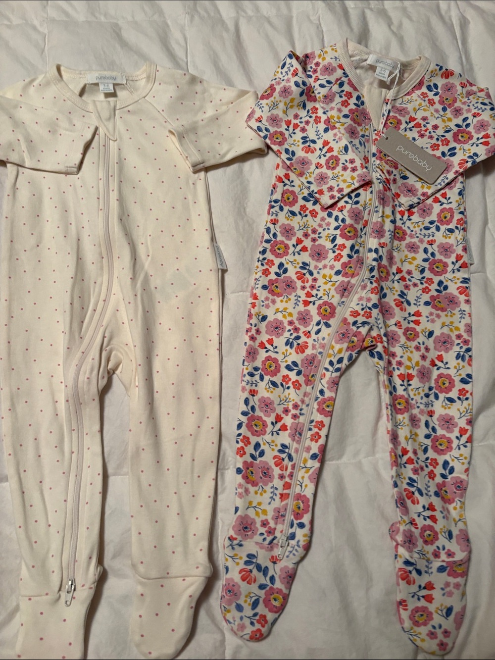 Purebaby Cream Dot and Floral Zip Footed One-Pieces
